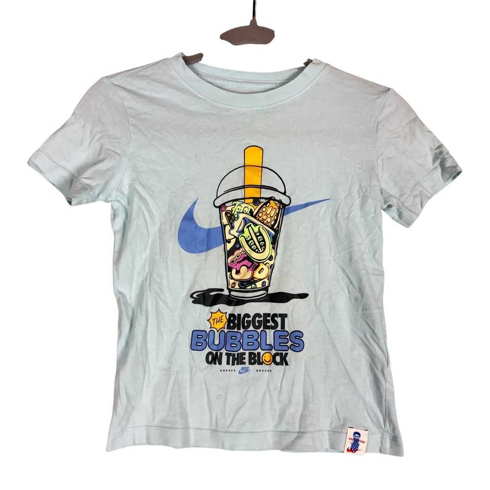 Nike Shirt Kids S Blue Biggest Bubbles Graphic Sneaks‎ Snacks Swoosh Tee Top